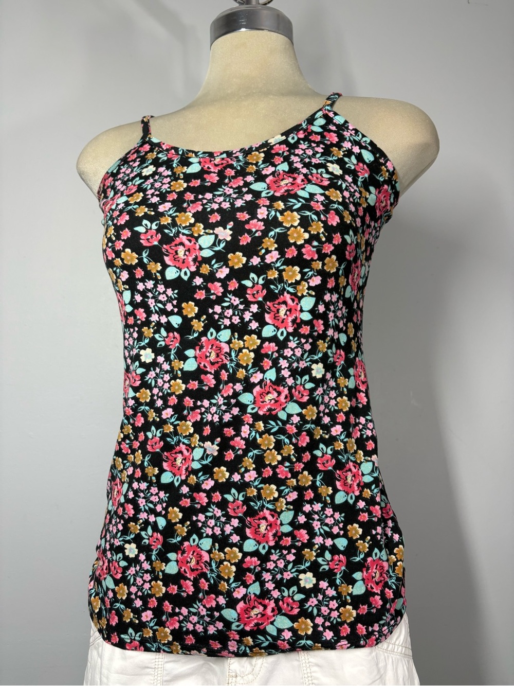 Floral Print Spaghetti Strap Tank Top - Black/Multi size M